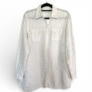 NWOT Charter Club Women’s XL 100% Linen Button Down Shirt Gold Polka Dots Long